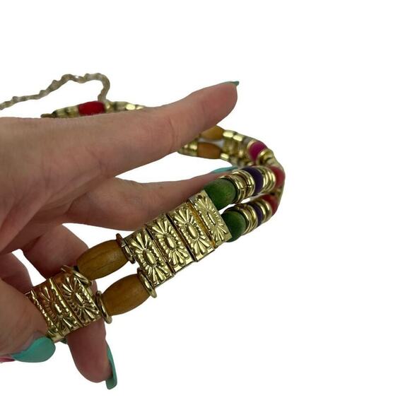 VTG Retro Belt 80s Gold Chain Tiered Wood Rainbow Multicolor Beads Gold Metal main image 11
